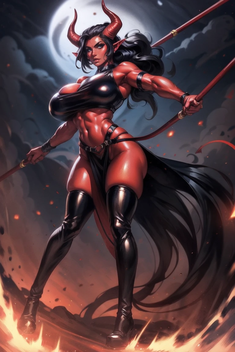 Red skin succubus tiefling, large breasts, black horns, wings, huge tail, black leather, crop top, long flowing pelvic curtain, tall, toned, graceful, thin, long black ponytail. Action scene, whip. Dark scene, explosions, night sky.