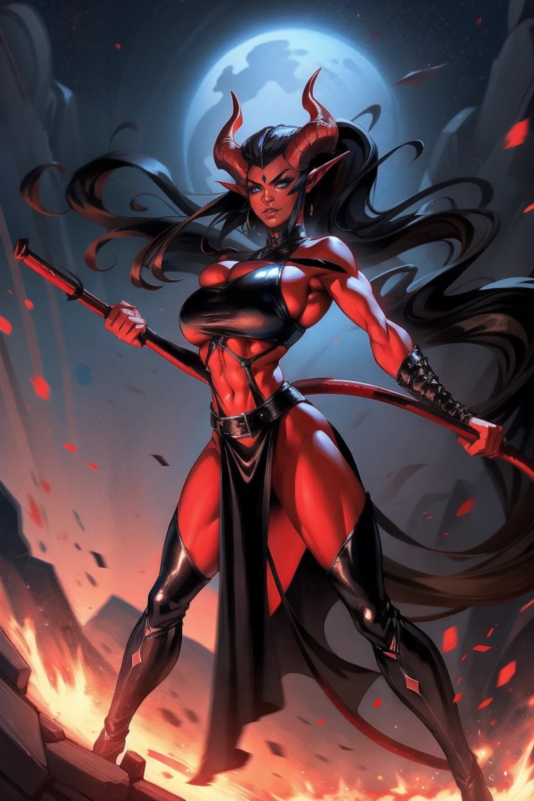 Red skin succubus tiefling, large breasts, black horns, wings, huge tail, black leather, crop top, long flowing pelvic curtain, tall, toned, graceful, thin, long black ponytail. Action scene, whip. Dark scene, explosions, night sky.