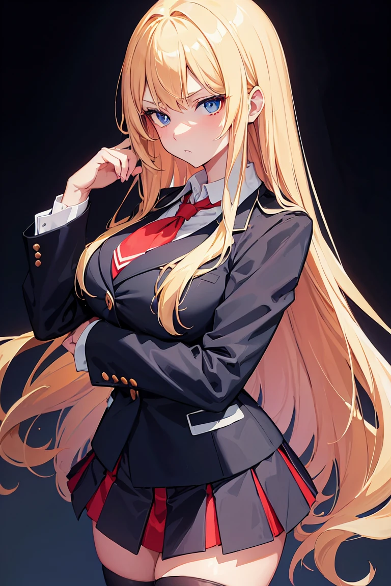 ((schoolgirl)), ((anime)), 1girl, long hair, blond hair, loose hair, hime cut, sidelocks, stern expression, dark blue eyes, fair skin, big breasts, honor student, dark blue blazer, double breasted blazer, white shirt, red school lace, black skirt, black stockings