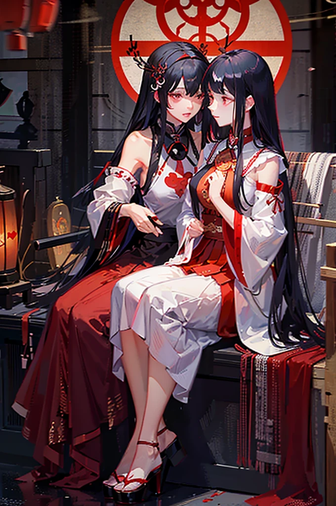 A group of priestess, (in bedroom), various hair styles, harem, night, details face, seducing, ceremonial outfit, multiple girls, exposed shoulders