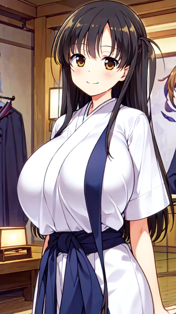 Girl in Priestess Uniform, Kasumi Iwato ,Outfit with open chest, Shoulder-exposing sleeves, Short hakama, smile, looking at viewer, (Huge Breasts:1.4), Inside Japan house, Close-up from the waist up