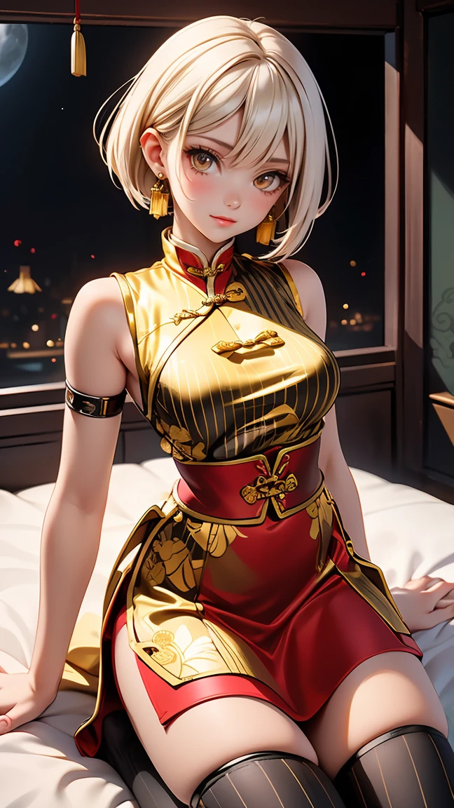 A very beautiful 19-year-old woman, (white hair:1), bob haircut, short hair, (yellow eyes:0.3) bright golden eyes, red nails, young beautiful face, muscular, slim but well-proportioned body, perfect white skin, highly detailed drawing, realistic face. (((Wearing traditional Chinese imperial clothes, black with golden stripes,))) ((red skirt with golden stripes,)) (with red Hanafuda earrings,) (garterbelt black thigh-high socks.) Kneeling on a white bed in an ancient Chinese room, with a full moon and stars visible through the window, with light flashes reflecting on her body. 4k anime art, perfect lighting.