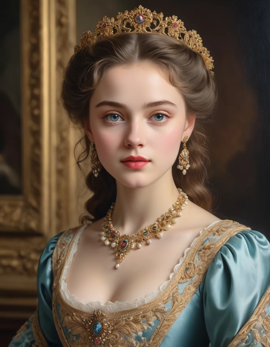 (best quality,4k,8k,highres,masterpiece:1.2),ultra-detailed,(realistic,photorealistic,photo-realistic:1.37),portrait,painting,pastels,personalized masterpiece,18th century,Russian,aristocratic,girl,noble daughter,14 years old,extremely beautiful,face,expressive eyes,delicate nose,luscious lips,porcelain skin,rosy cheeks,flowing curls,silky dress,stately posture,fine jewelry,embroidered lace collar,grand background,opulent interior,faint golden light
