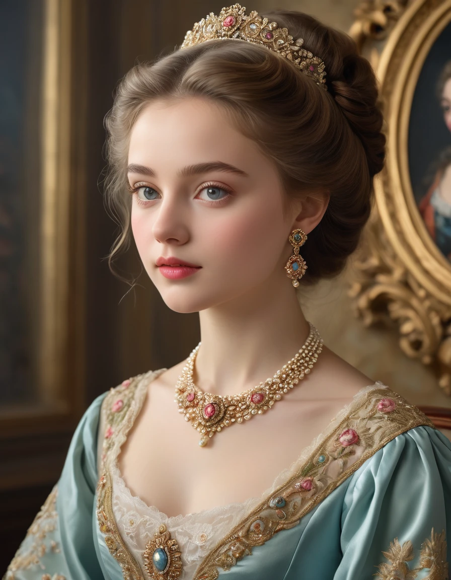 (best quality,4k,8k,highres,masterpiece:1.2),ultra-detailed,(realistic,photorealistic,photo-realistic:1.37),portrait,painting,pastels,personalized masterpiece,18th century,Russian,aristocratic,girl,noble daughter,,extremely beautiful,face,expressive eyes,delicate nose,luscious lips,porcelain skin,rosy cheeks,flowing curls,silky dress,stately posture,fine jewelry,embroidered lace collar,grand background,opulent interior,faint golden light