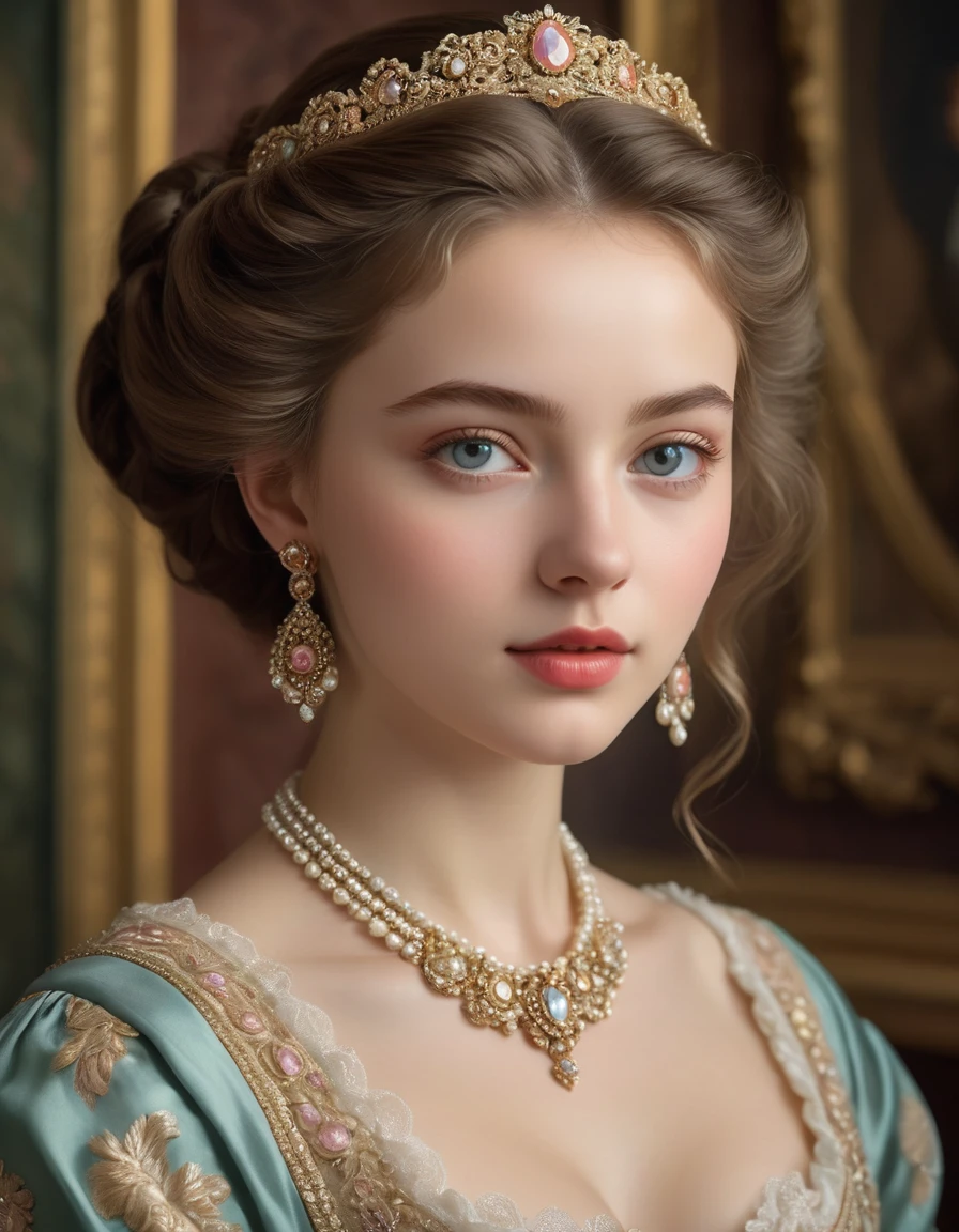 (best quality,4k,8k,highres,masterpiece:1.2),ultra-detailed,(realistic,photorealistic,photo-realistic:1.37),portrait,painting,pastels,personalized masterpiece,18th century,Russian,aristocratic,girl,noble daughter,14 years old,extremely beautiful,face,expressive eyes,delicate nose,luscious lips,porcelain skin,rosy cheeks,flowing curls,silky dress,stately posture,fine jewelry,embroidered lace collar,grand background,opulent interior,faint golden light
