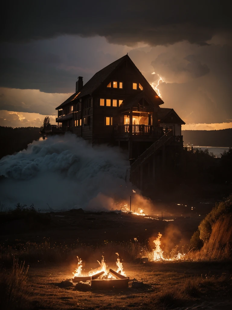 arafed fire pit with pillows and pillows around it in front of a lake, cozy place, lake house, cozy and calm, cozy setting, peaceful and serene, cozy and peaceful atmosphere, beautiful fire, beautiful place, setting in nature, warm beautiful scene, warm and calm, all in the amazing outdoors view, serene evening atmosphere, chill time. good view, amazing lightning art, natural lightning, creepy lightning, arafed house in a field with a large plume of smoke coming out of it, thunderstorm and fire, photo epic of the year, winner of the year's best photo, houses on fire, amazing volcanic eruption, house on fire, explosive storm, during a storm, apocalyptic event, harrowing apocalyptic atmosphere, fire from sky, building on fire, national geographic photo,