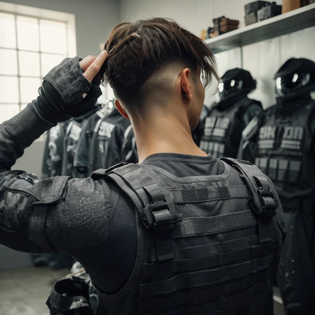 picture from behind, a man combing his hair, the man's hair is cut in side bangs, the man is wearing a gray paintball uniform, the background is blurry in a changing room, a paintball costume decorated in gray, realistic, cinematic, very detailed, intricate design