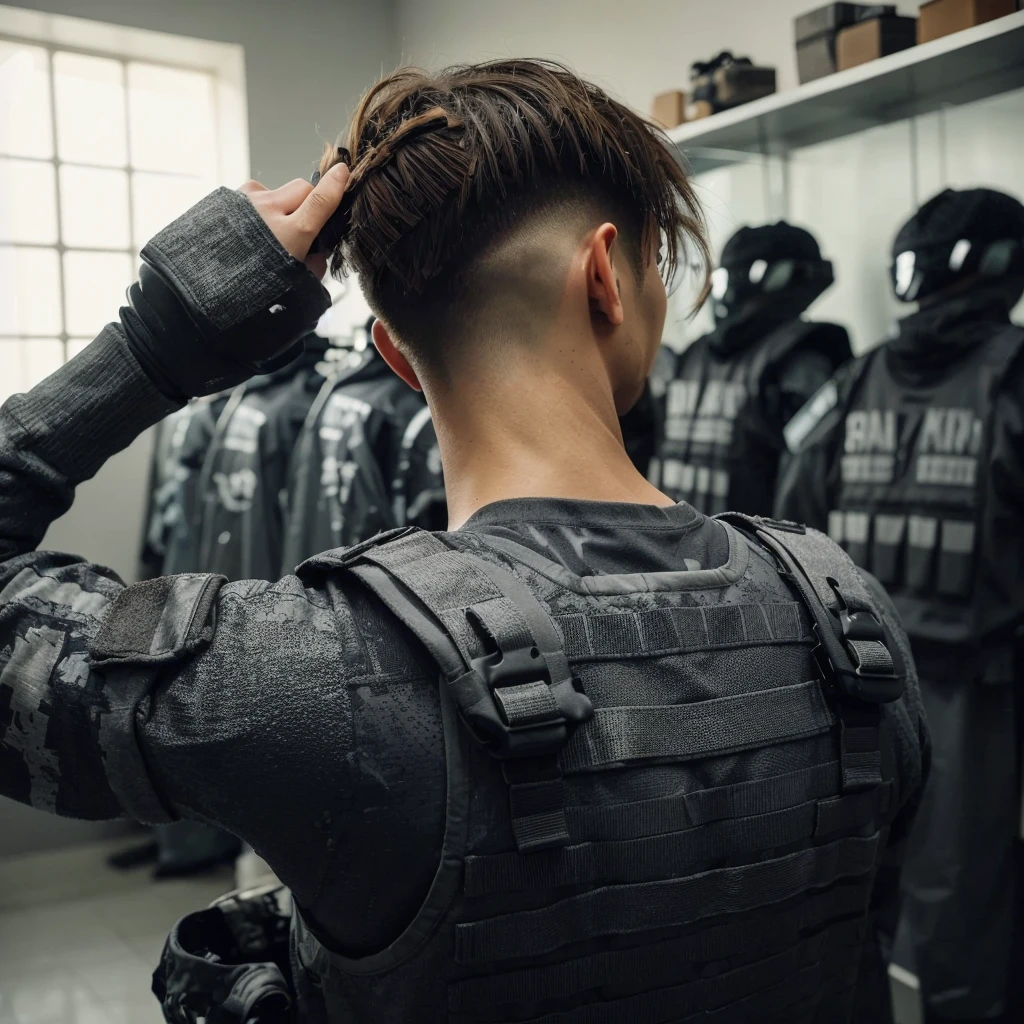 picture from behind, a man combing his hair, the man's hair is cut in side bangs, the man is wearing a gray paintball uniform, the background is blurry in a changing room, a paintball costume decorated in gray, realistic, cinematic, very detailed, intricate design