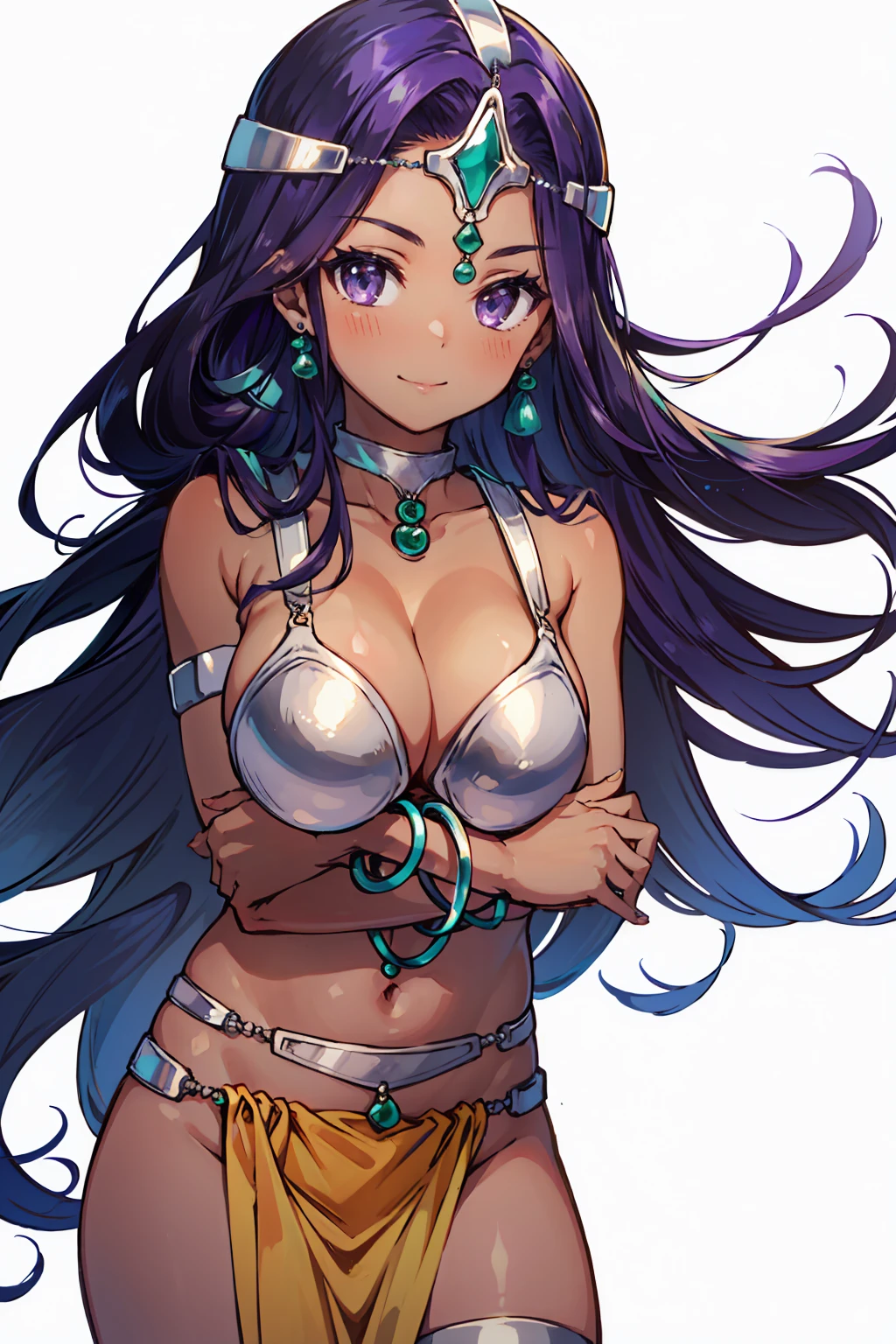 1girl, solo, dqManya, white background, cowboy shot, purple hair, bikini, loincloth, large breasts, cleavage, soft stomach, circlet, earrings, choker, bracelet, armlet, closed mouth, smile, blush