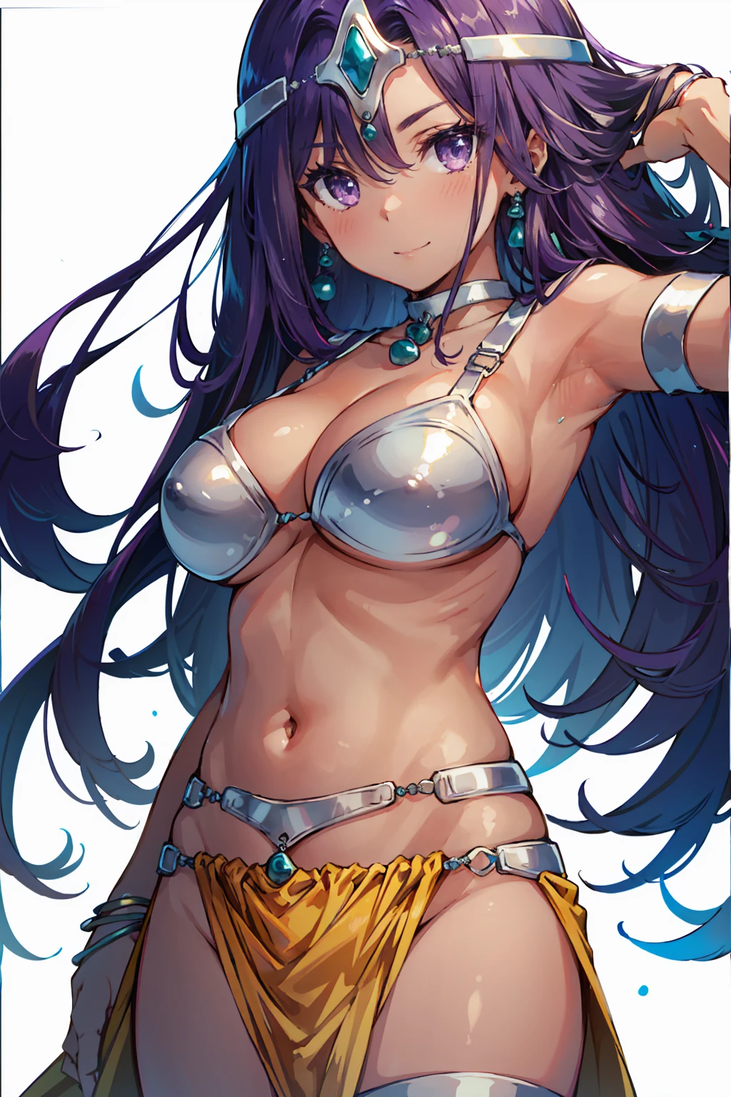 1girl, solo, dqManya, white background, cowboy shot, purple hair, bikini, loincloth, large breasts, cleavage, soft stomach, circlet, earrings, choker, bracelet, armlet, closed mouth, smile, blush