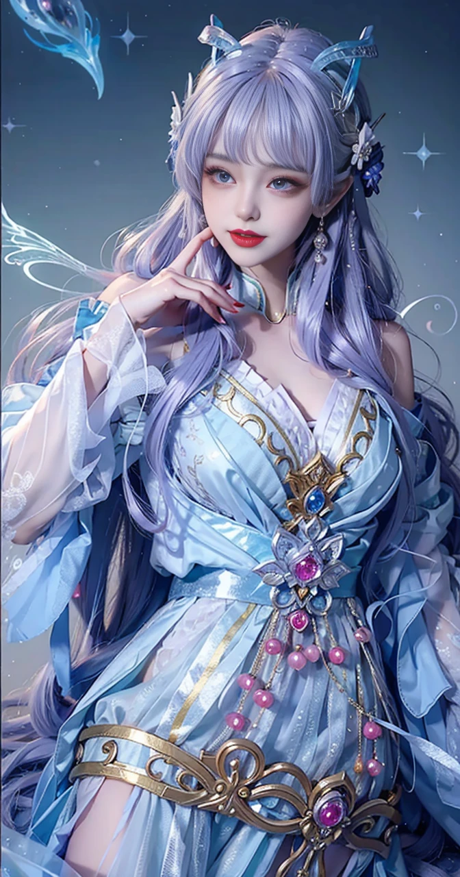 Close-up of a woman in costume on stage, Whole body xylose, Beautiful celestial mage, a stunning young ethereal figure, beautiful fantasy empress, astral witch clothes, shaxi, flowing magical robe, Hanfu Blanco, xianxia fantasy, belle delphine, Ethereal fantasy, elegant glamourous cosplay, heise jinyao,((Top-down view)),((Lie flat)),Lie flat on the ground,Lips wear thick red lipstick