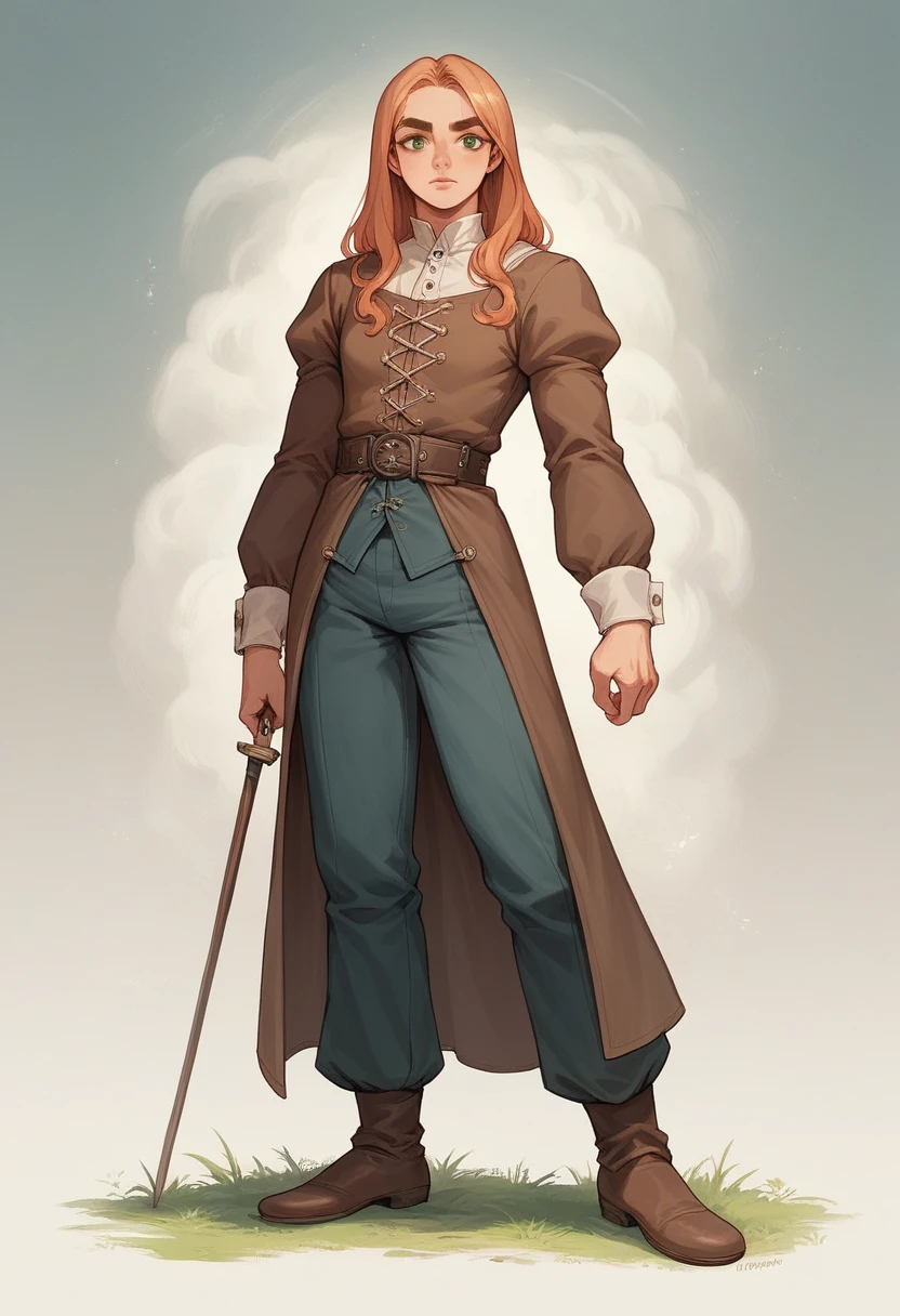 best quality, contrast light, masterpiece, front view, full-length, dressed as a medieval robber, magician's clothing, combat pants, a young girl is a person with a toned, slender build and fair skin. Her long hair is pink in color. She has piercing dark green eyes and an oval face with high cheekbones. Her lips are full and naturally pink and narrow, and her high-arched brows frame her eyes perfectly.