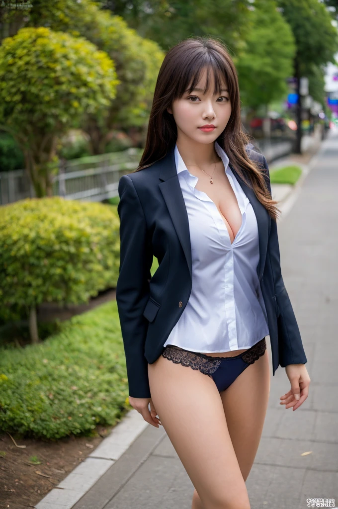 a 17 year old girl, she is the most beautiful actress in the world, the perfect body proportions of this girl in formal clothes, the blazer is worn on the shirt and closed closed closed closed, her crotch area of the panties are hardly hidden by the short skirt, her bare legs, it's just the front of her body, it's just one description, the lower than her shins are out of space, she is standing straight at the street, nsfw, best quality, highly detailed, masterpiece, ultra high res, photo realistic, 8k, RAW photo