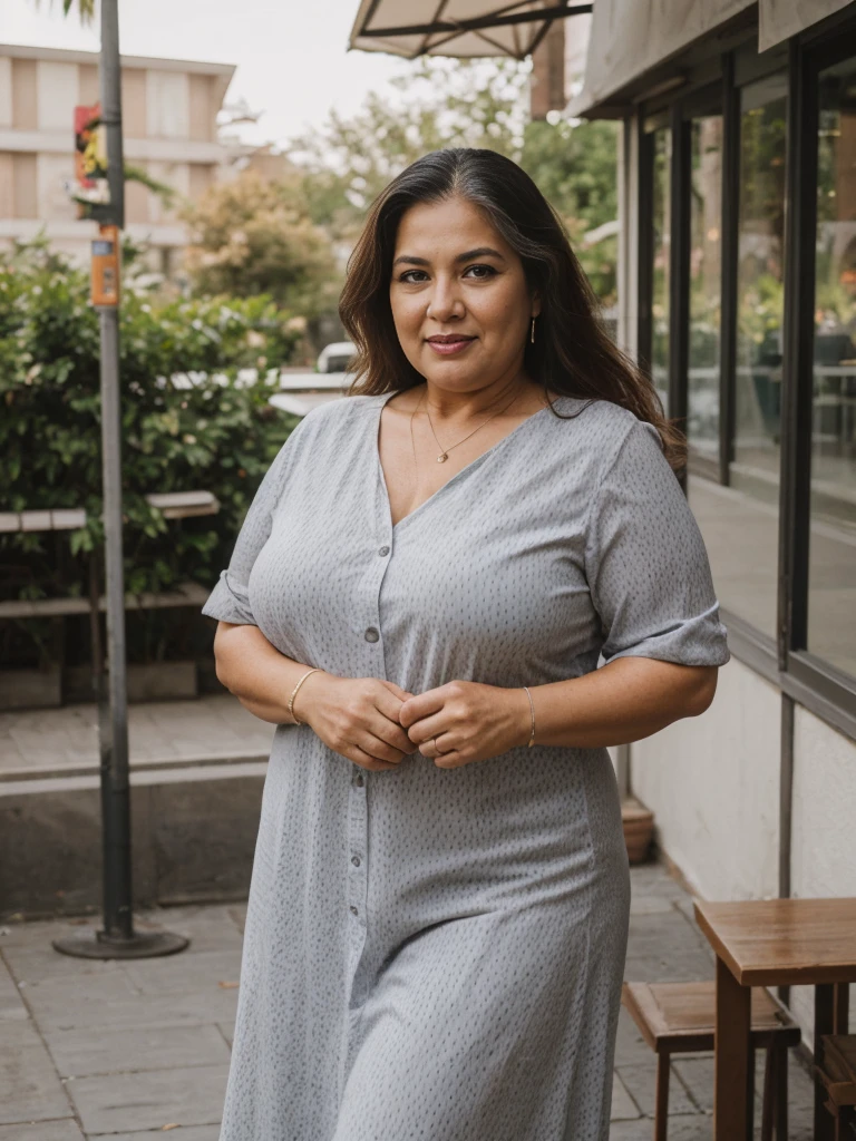RAW PHOTO, her name is Alejandra, high quality, 1 old woman, ((58-year-old plus sized body latina woman)), (((58 years old))), ((plus sized)), (((chubby body))), ((wrinkled body)), (((old body))), ((long hair)), wearing stylish fashionable Generation X wear different colored, POSE: dynamic pose, BREAK, BACKGROUND: outdoor: cafe, film grain