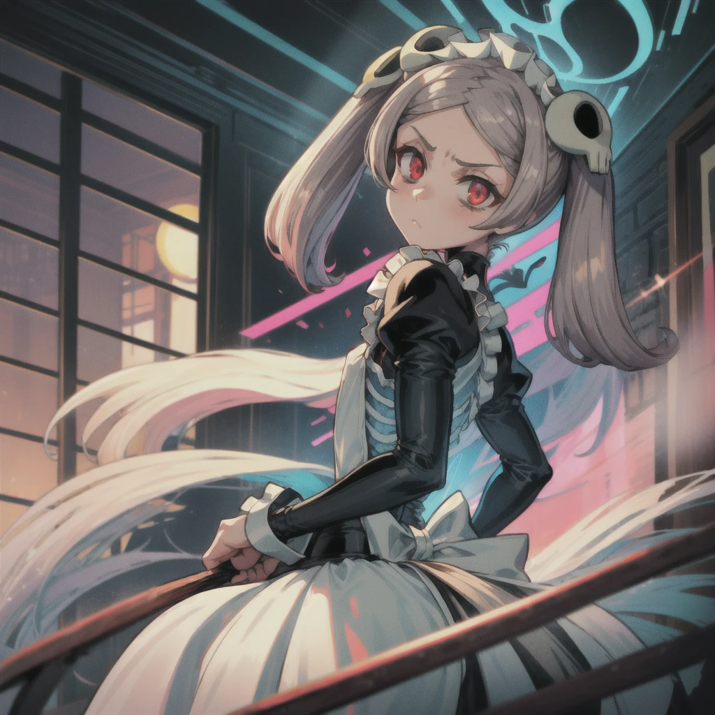 1girl, solo, indoors, whole body, skg_marie, maid, maid apron, maid headdress, twin tails, skull hair ornament, red brooch, juliet sleeves, light rays, glow, (masterpiece), distracted, thick thighs, thick ass , hands on the hips, angry expression