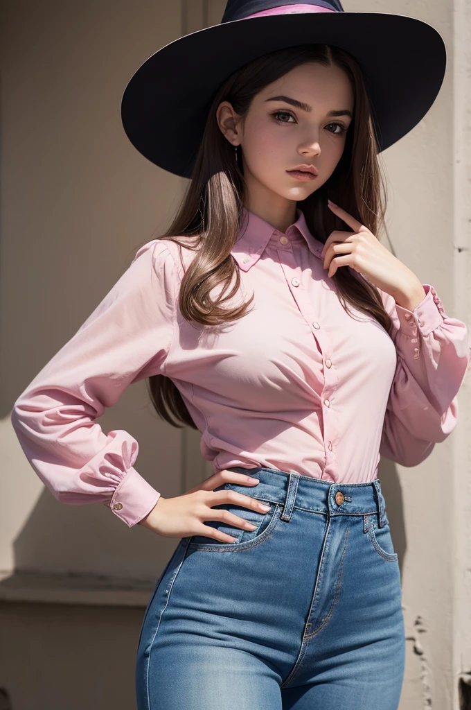 A age witch wearing a pink blouse that is a little lower than her nipples, she also wears blue jeans and she has a witch's hat Dark pink, she has purple hair and golden eyes, she is riding her broomstick at night, exploring a city go there looking at your cell phone she has big big and big hips and a huge ass and big thighs and she is wearing sunglasses as she is doing sexy poses while she is flying in the city at night