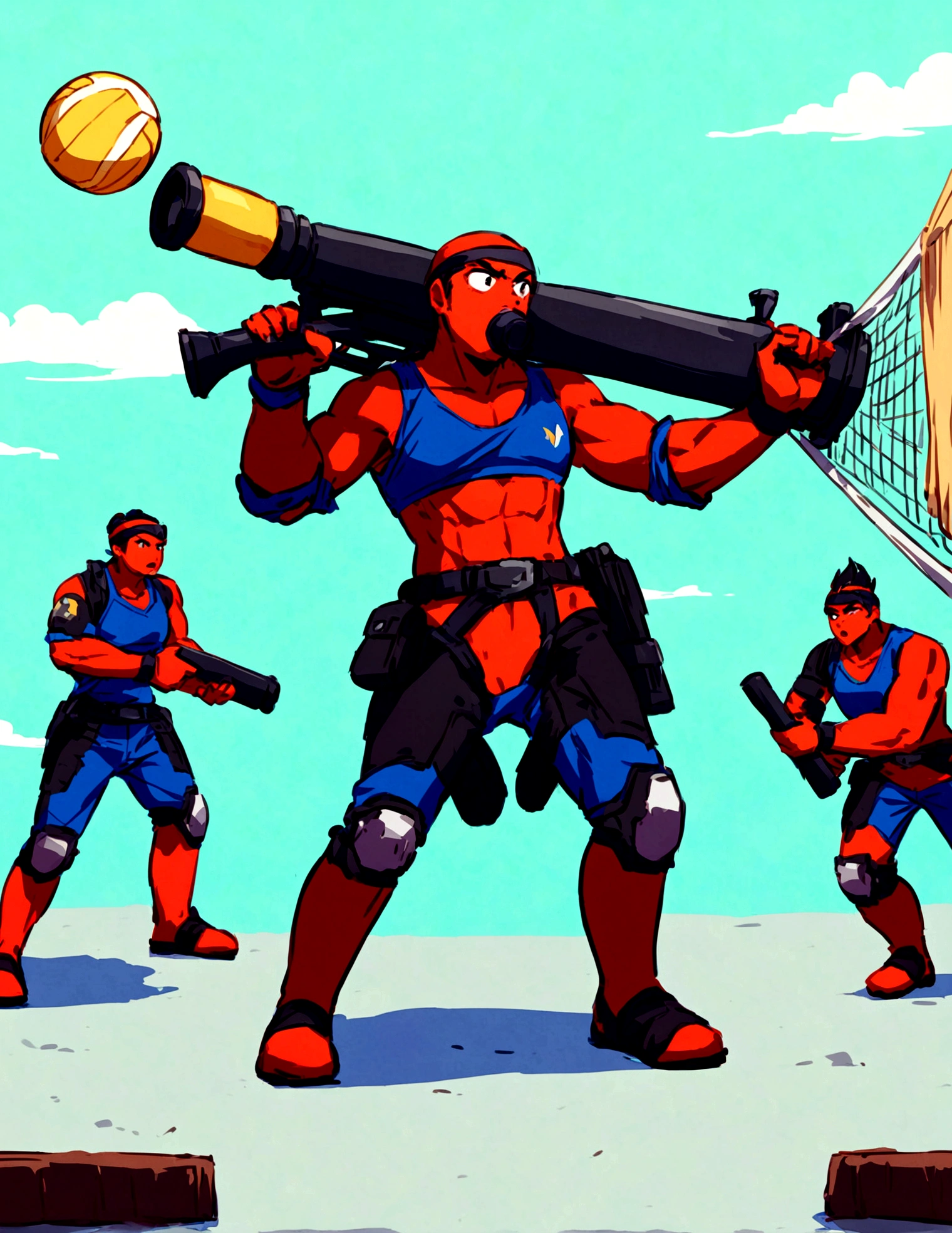 Side scrolling video game, teams of heavily armed sci fi warrior are plying volleyball, the character with the volleyball is represented by a bazooka. the action is outlandish and brutal