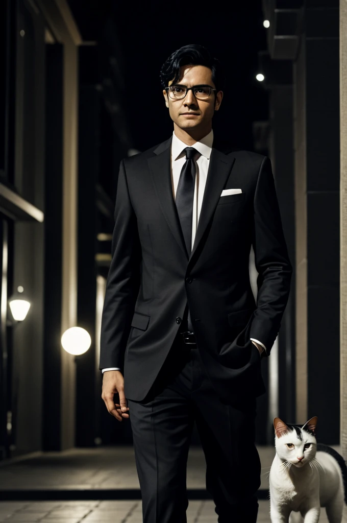 man walking at night, With glasses, black hair, tez blanca, suit with tie, Next to him a black and white cat looks at him, the full moon is seen behind the man