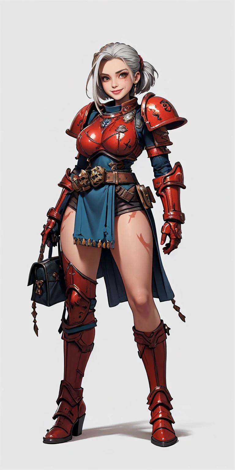 (masterpiece, best quality, 4k, 1girlsolo, 1MILF, mmplatz, smile, red cheeks, plain background:1.2) perfect face, perfect lighting, mature whsororitas with gloves red gauntlets in her hands like Cammy White from Street Fighter, bob white hair, warhammer 40k power armor suit with loincloth, red eyes like rubies, full body RED armor, view from below, looking to the viewer, arms to the sides empty hands, RED military boots, silver skull ornament attached to crossing 2 belt wide hips, 2 long legs, Female Knight (Final Fantasy Tactics)