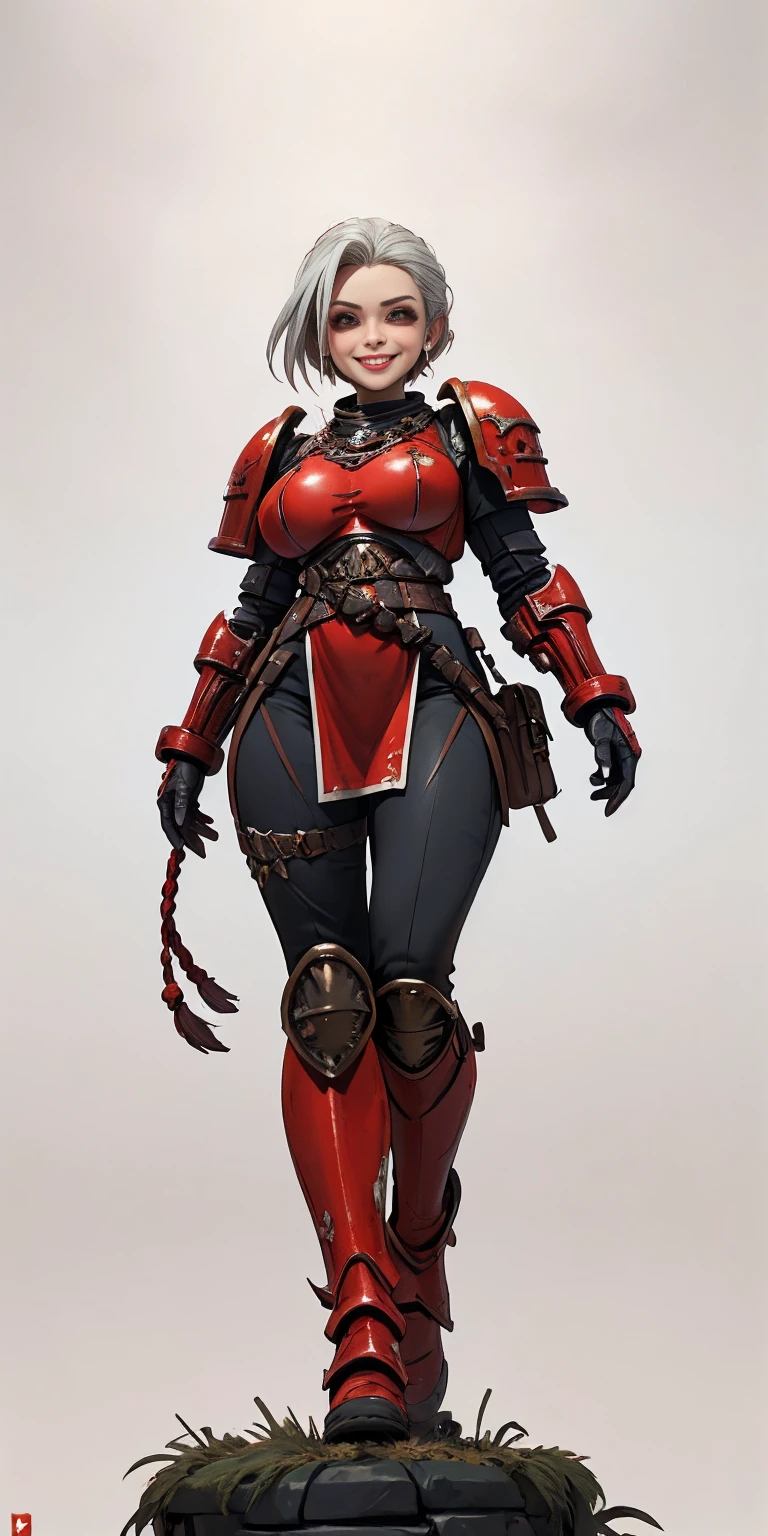 (masterpiece, best quality, 4k, 1girlsolo, 1MILF, mmplatz, smile, red cheeks, plain background:1.2) perfect face, perfect lighting, mature whsororitas with gloves red gauntlets in her hands like Cammy White from Street Fighter, bob white hair, warhammer 40k power armor suit with loincloth, red eyes like rubies, full body RED armor, view from below, looking to the viewer, arms to the sides empty hands, RED military boots, silver skull ornament attached to crossing 2 belt wide hips, 2 long legs, Female Knight (Final Fantasy Tactics)