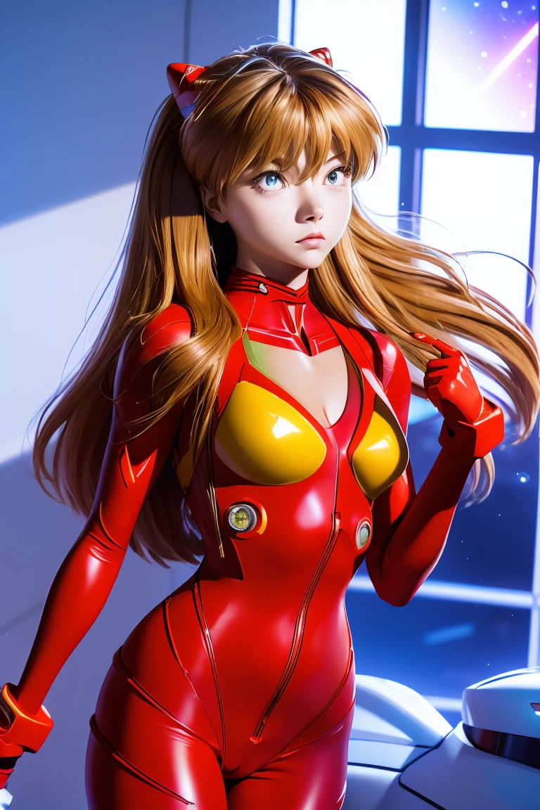 (俯瞰figure),Dynamic Angle,Super detailed, figure, close, Straight, One girl, 
 ((Soryu Asuka Langley, Interface Headset, Red bodysuit:1.4, blonde)),Her eyes shone like dream-like stars,(Glowing Eyes:1.233),(Beautiful and detailed:1.1),(Expressionless,Mouth closed),(Are standing), 
(In a white spaceship、Mechanic room with tools and spaceship window),
(night:1.2),dream-like, [[Delicate fingers and hands:0.55]::0.85],(Finger details),