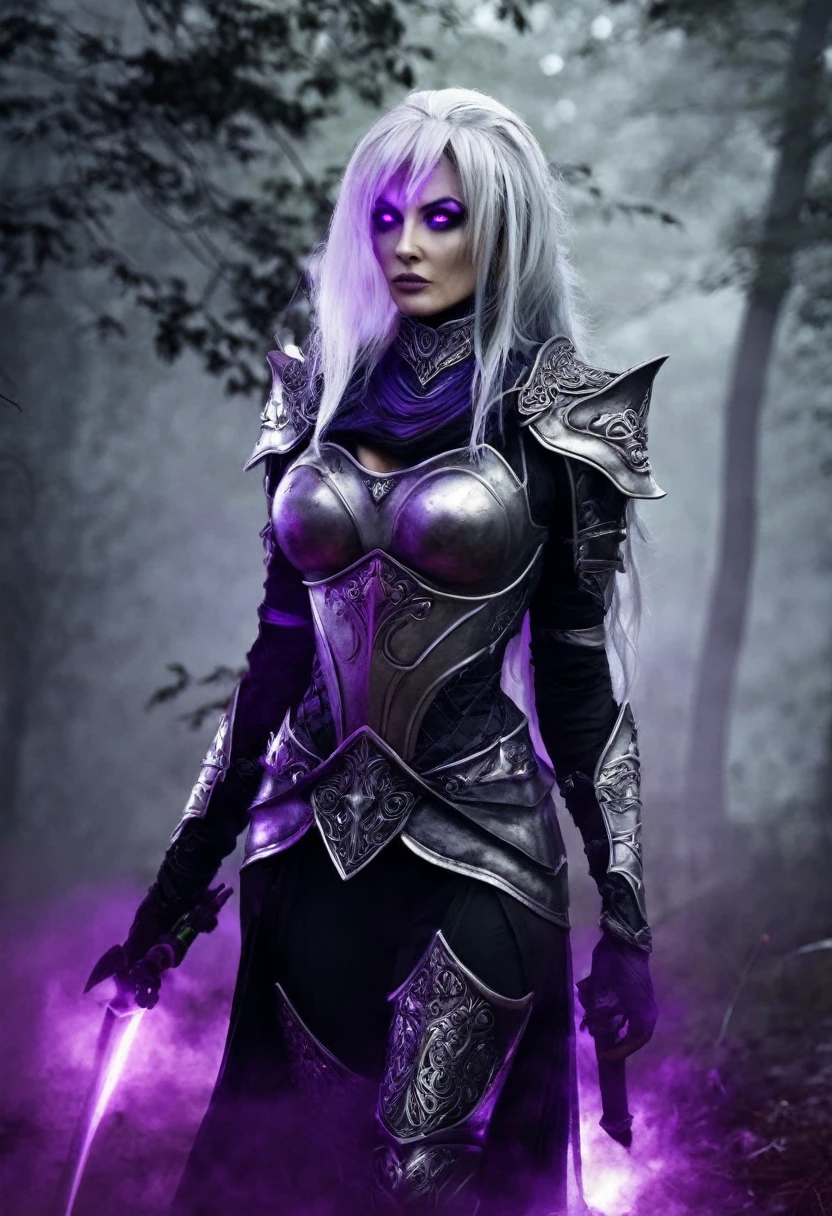 Beautiful female drow, beautiful face, Evil countenance nice body, purple eyes, silver hair, wearing armor, layer , extremely detaild, ultra realisitic, solo, portrait of extremely pretty and cool, wearing a dark gothic armor, dark forest, magic, fantasy, fog, smog, steam, light veil, front view, full-body