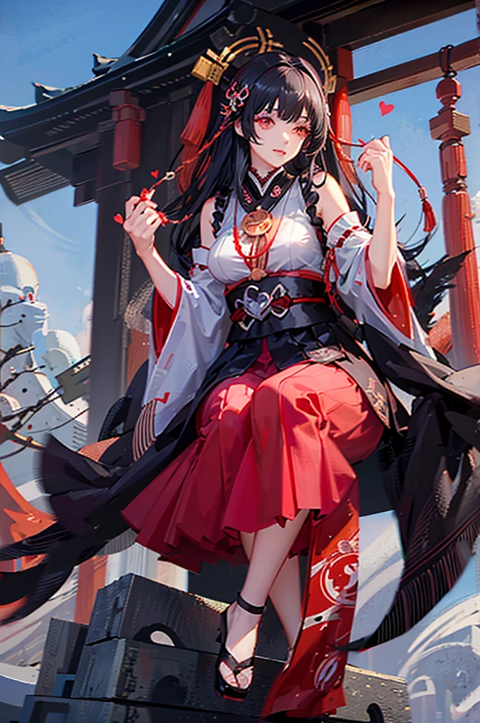 50 years old,woman,miko,Yandere,japanes miko,black hair,long hair,contrappost,red eyes,making a heart with hands,milf,mom,older sister,elder sister,yandere,shrine maiden,