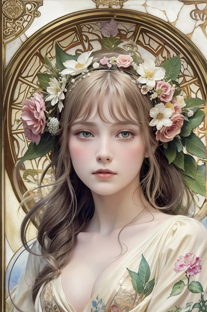 Depicts a beautiful woman with flowers in her hair、Highly detailed watercolor painting, The style of Alfons Maria Mucha and Gustav Kirmut, Art Nouveau accents, Fairy Princess, Anthropomorphic woman, Female figure, Detailed cover artwork, As the Flower Goddess, Alphonse Mucha, Gustav Klimt, Pale skin, Marble sculpture, society, Gothic art, Art Nouveau, Behance Contest Winner