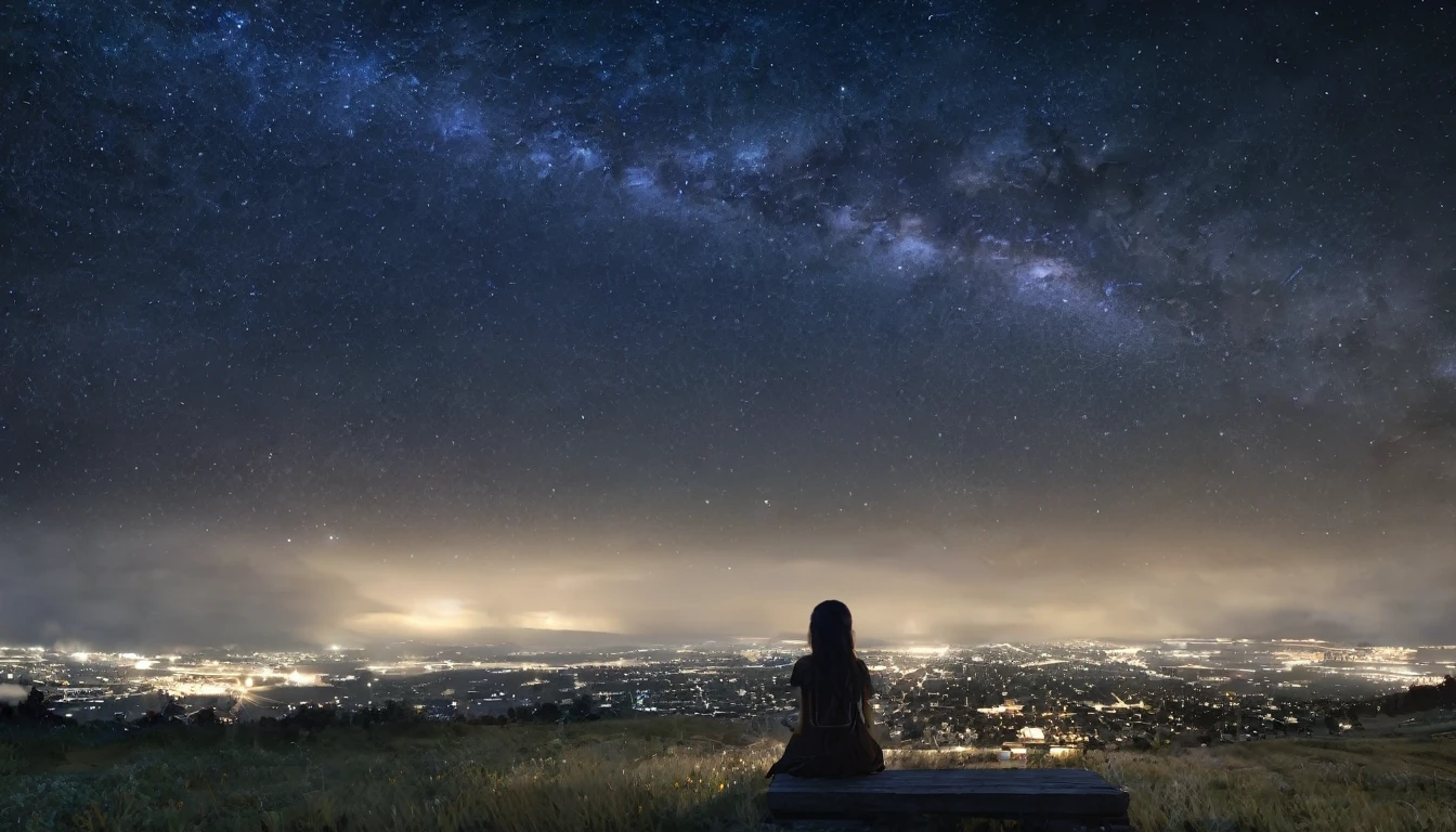 masterpiece,Octane, null, star (null), scenery, starnull, night, One girl, night null, alone, Outdoor, building, cloud, milky way, Sitting, wood, Long Hair, Cityscape,masterpiece,32k