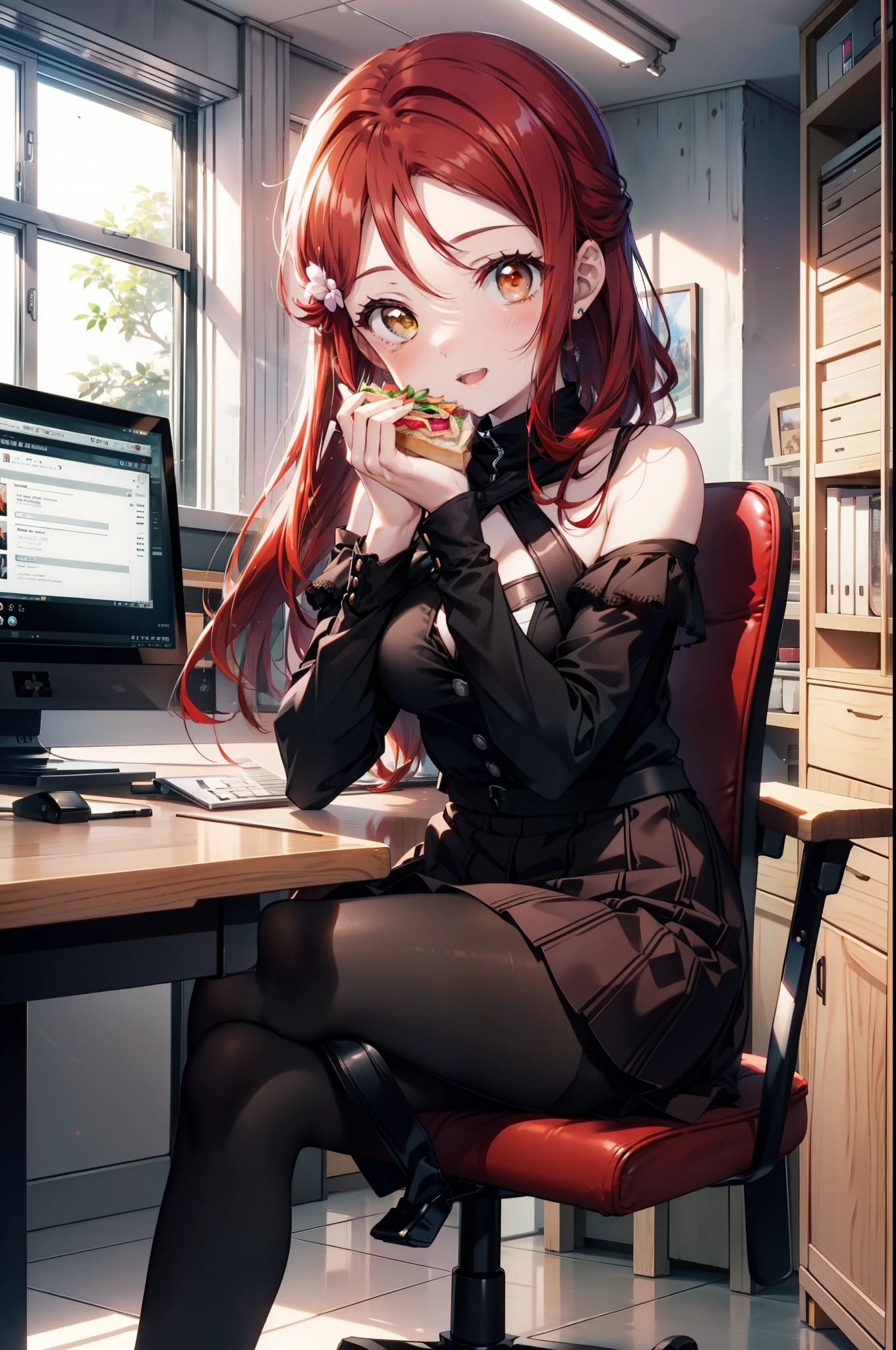 rikosakurauchi, Riko Sakurauchi, (Brown eyes:1.5), Hair between the eyes, Long Hair, (Redhead:1.5), (Small breasts:1.2), smile,blush,Open your mouth,Cold Shoulder Shirt,Short sleeve,Long skirt,Black pantyhose,Stiletto heels,Sitting in a chair,is holding a sandwich with both hands and eating it,There is a computer and a sandwich on the table.,interior,So that the whole body goes into the illustration,
break looking at viewer, 全身
break outdoors, office,
break (masterpiece:1.2), Highest quality, High resolution, unity 8k wallpaper, (figure:0.8), (Beautiful attention to detail:1.6), Highly detailed face, Perfect lighting, Highly detailed CG, (Perfect hands, Perfect Anatomy),