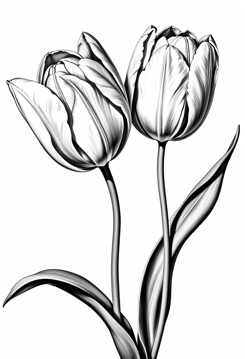 thin line drawing without shading and without black areas, tulip drawing, On white background, monochrome, black andwhite, no shadows, white background