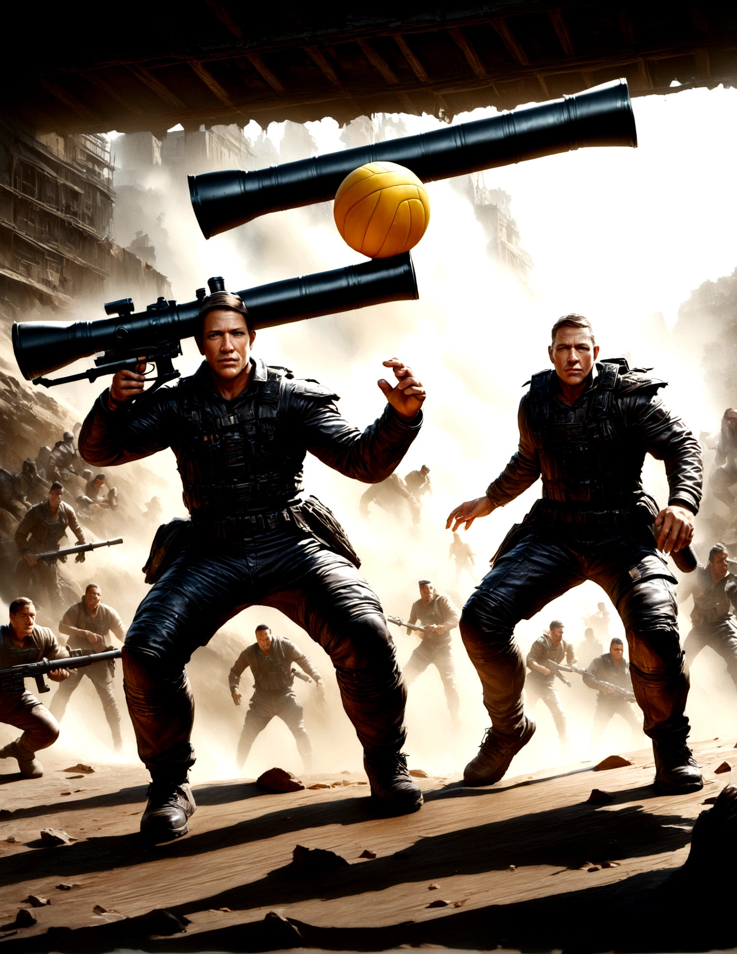 A team of heavily armed sci-fi warriors playing volleyball, (one warrior with a bazooka:1.2), side-scrolling video game, outlandish and brutal action, (best quality,4k,8k,highres,masterpiece:1.2),ultra-detailed,(realistic,photorealistic,photo-realistic:1.37),concept art,cinematic lighting,dynamic composition,hyper detailed,vibrant colors,dramatic shadows,dynamic poses,volumetric fog,depth of field,mecha,futuristic,sci-fi,military,war,sports,volleyball