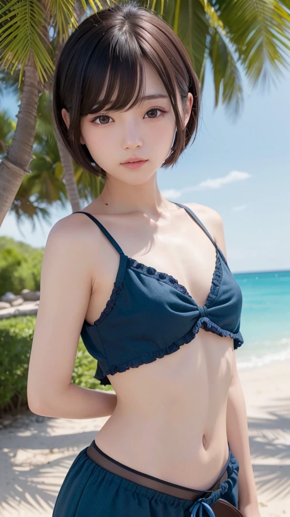 short hair、Very short hair、Short cut、A Japanese girl、(Beauty、Delicate girl:1.3)、(20-year-old:1.3)、BREAK、(Upper body from the waist up、Micro Bikini:1.3)、BREAK、Very fine grain definition、(Symmetrical eyes:1.3)、BREAK、(Beautiful sea and white sand:1.3)、BREAK、Small breasts、Emerald Eyes、Parted bangs、Brown Hair、girl、BREAK、(Eye and facial details:1.0)、BREAK、(masterpiece、highest quality、Super detailed、Detailed face、8K)、Smile、very Small breasts、