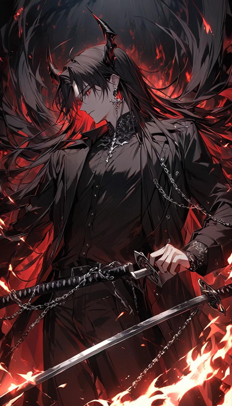 alone, good looking, 1 male, Long hair, Middle parted, Black hair, Red eyes, Black shirt, White Thailand, Black Trench Coat, Royal Silver Jewellery, Royal Demon Earrings, Black horns, Demon Crown, Demonic Katana Sword, Chains, On Back, Demonic Black flames Aura, Side profile, fallen angel, melancholy 