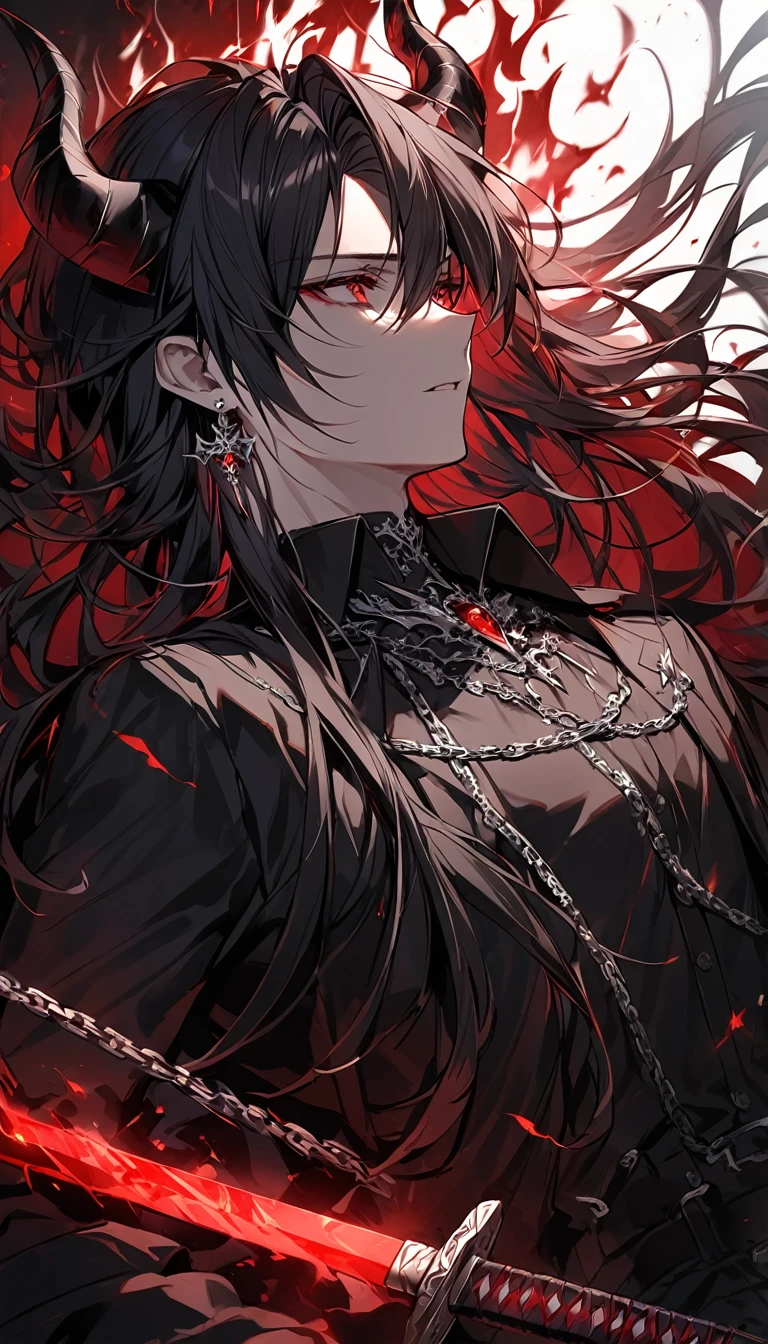 alone, good looking, 1 male, Long hair, Middle parted, Black hair, Red eyes, Black shirt, White Thailand, Black Trench Coat, Royal Silver Jewellery, Royal Demon Earrings, Black horns, Demon Crown, Demonic Katana Sword, Chains, On Back, Demonic Black flames Aura, Side profile, fallen angel, melancholy 