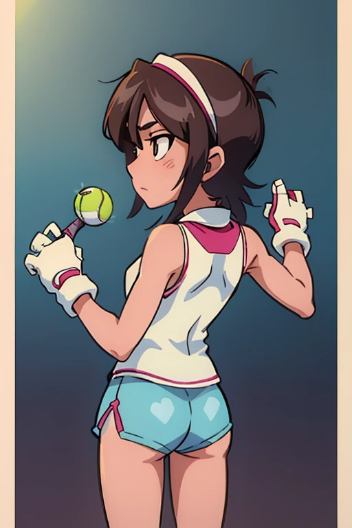 tennis girl in booty shorts, wearing oven mittens tucked in pockets, blindfold

