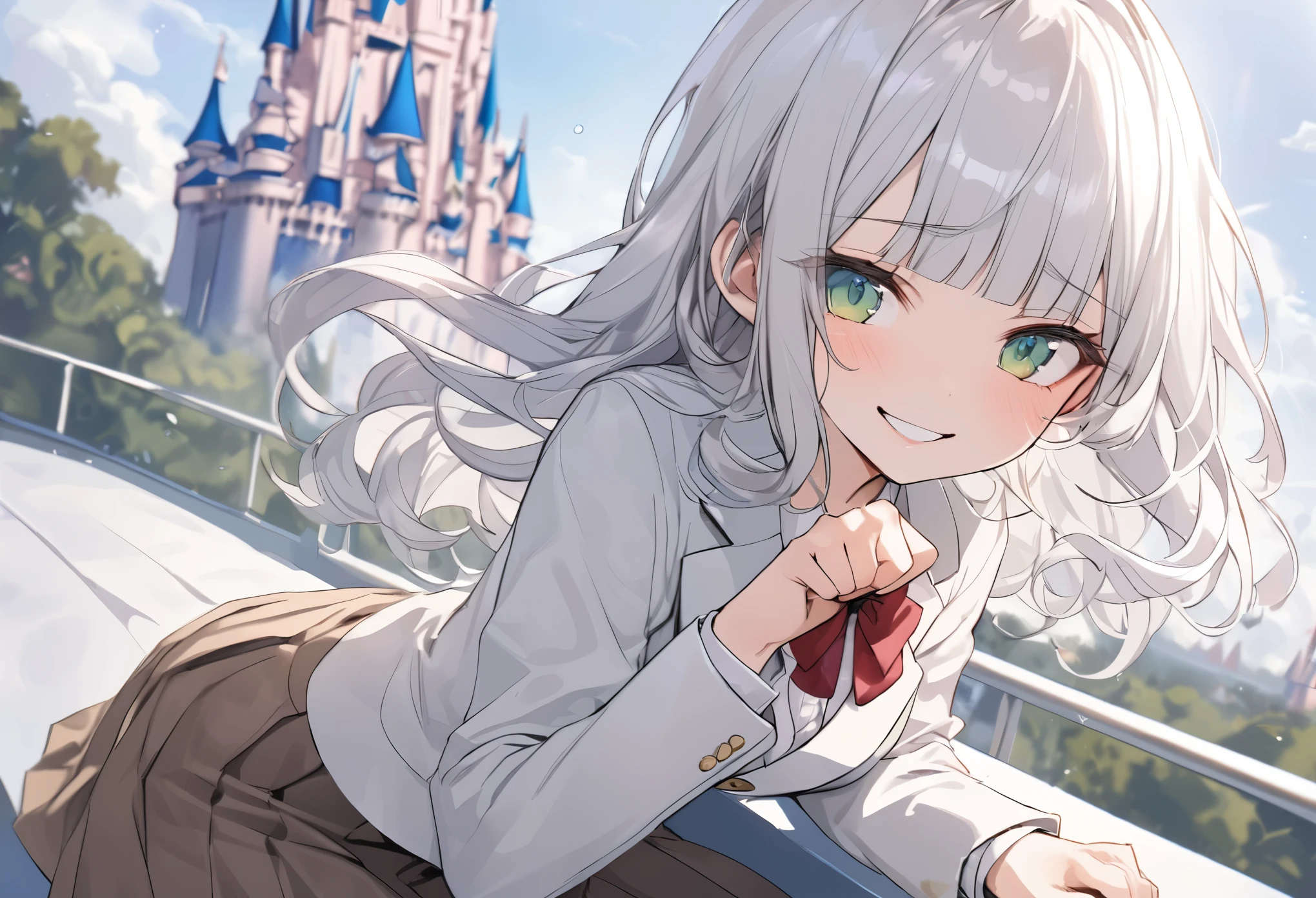 ((Masterpiece)), ((best quality)), (ultra-detailed), ((kawaii)), ((extremely detailed)), 4K, (8K), (super detail:1.2),(High Definition:1.3), (Professional Photography:1.2), (very aesthetic:1.2), (absurdres:1.2), (wide shot), cinematic lighting, (sharp focus), (perfect light), ((1girl)), ((12 years old)), (medium breast), (Healthy slim body), 8K, Textured skin, cinematic lighting, (1girl), short stature, ((cute teenage young girl)), (loose blunt bangs), slightly loose curls hair, (breasts length hair), pale silver hair, ((naughty smile)), (cute green eyes), drooping eyes, slender waist, ((pale Ivory blazer of school uniform)), BREAK, ((best quality)), (very aesthetic:1.2), (absurdres:1.2), (super detail:1.2), (white blouse), put on red string ribbon, (brown skirt), (paw pose), ((perfect hand)), (loose sitting on the rooftop), (the Disney Resort), Cinderella Castle spreading out below, Beautiful Horizon Background,