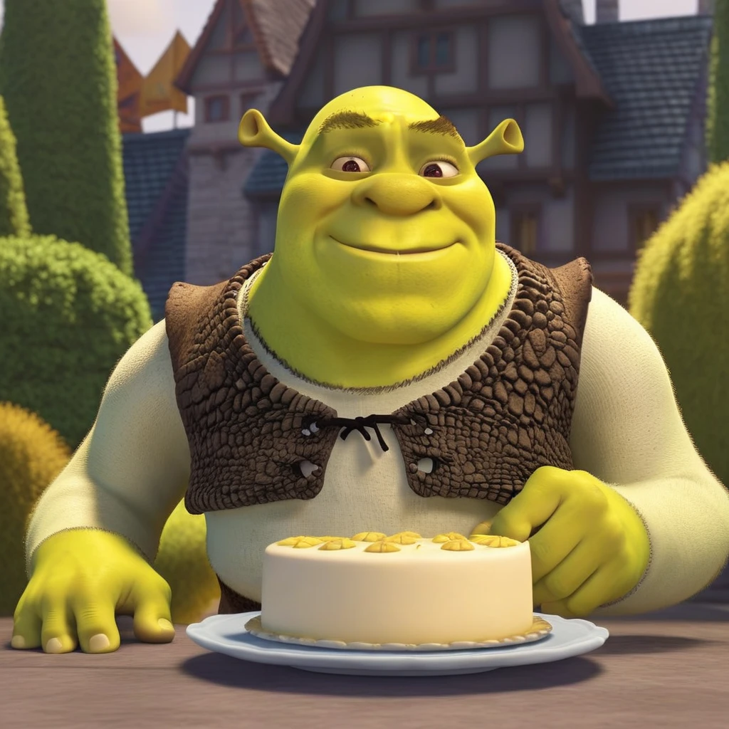 shrek animado recebendo presente grande, aniversário, Shrek1024, choosing a cake in bakery, detailed eyes, highly detailed, photography, ultra sharp, film, bokeh, professional, 4k
