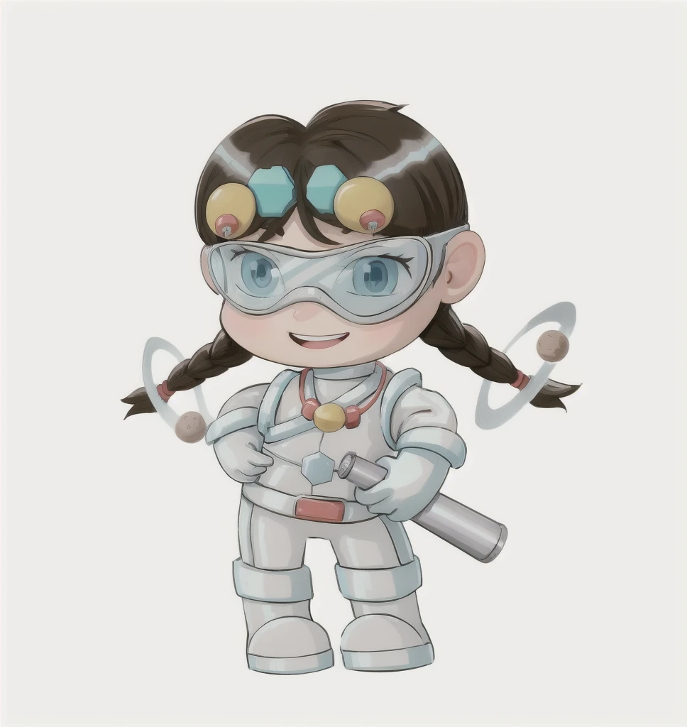 Cute little girl wearing white scientist suit with science tools in hand and safety goggles, eyes, simple, full body, character design, Pixar and Disney, as a high, 3d, background