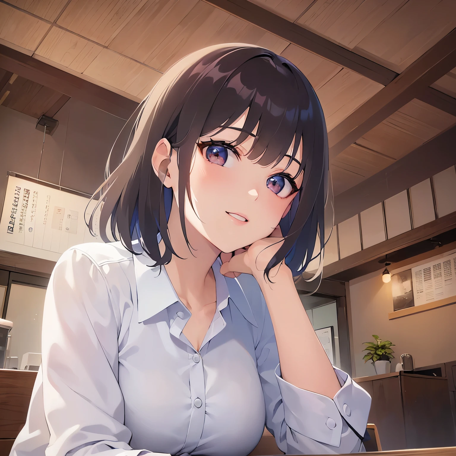 lookin at viewer,upper Body, head rest
Realistic, real person, (pale skin: 1.2), RAW photo, photorealistic, shiny skin, shiny hair、 (A 25-year-old woman with bob hair and bangs:1.5) and (wavy hair) and (brown hair) and (Orange Eyes)、
(business suit:1.5)and (Wearing a white collared shirt)、
smile,The background is the interior of an izakaya at night.、Sitting,Drinking beer