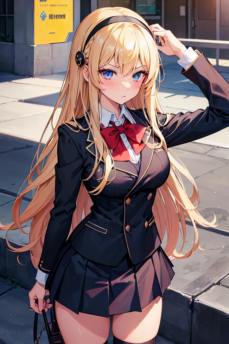((schoolgirl)), ((anime)), ((tsundere)), 1girl, long hair, blond hair, loose hair, hime cut, black hairband, sidelocks, stern expression, blushing, dark blue eyes, fair skin, big breasts, honor student, dark blue blazer, double breasted blazer, white shirt, red school lace, black skirt, black stockings
