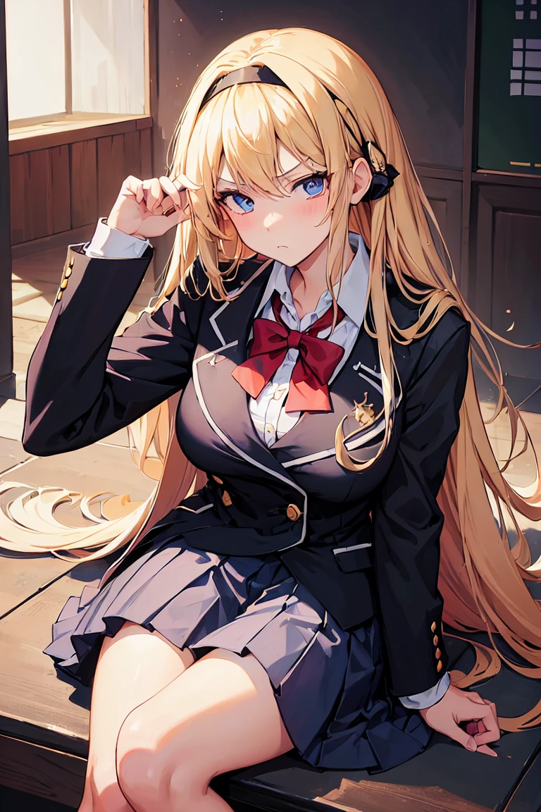 ((schoolgirl)), ((anime)), ((tsundere)), 1girl, long hair, blond hair, loose hair, hime cut, black hairband, sidelocks, stern expression, blushing, dark blue eyes, fair skin, big breasts, honor student, dark blue blazer, double breasted blazer, white shirt, red school lace, black skirt, black stockings