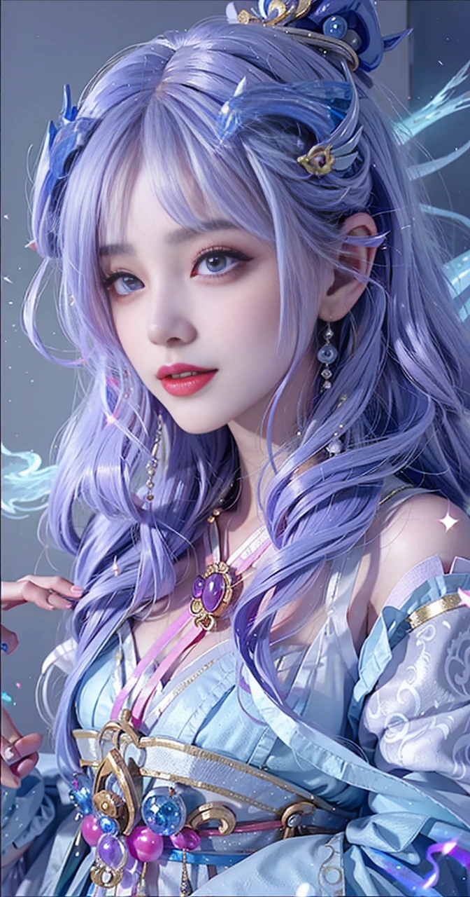 Close-up of a woman in costume on stage, Whole body xylose, Beautiful celestial mage, a stunning young ethereal figure, beautiful fantasy empress, astral witch clothes, shaxi, flowing magical robe, Hanfu Blanco, xianxia fantasy, belle delphine, Ethereal fantasy, elegant glamourous cosplay, heise jinyao，((Top-down view))，((Lie flat))，Lie flat on the ground,Lips wear thick red lipstick