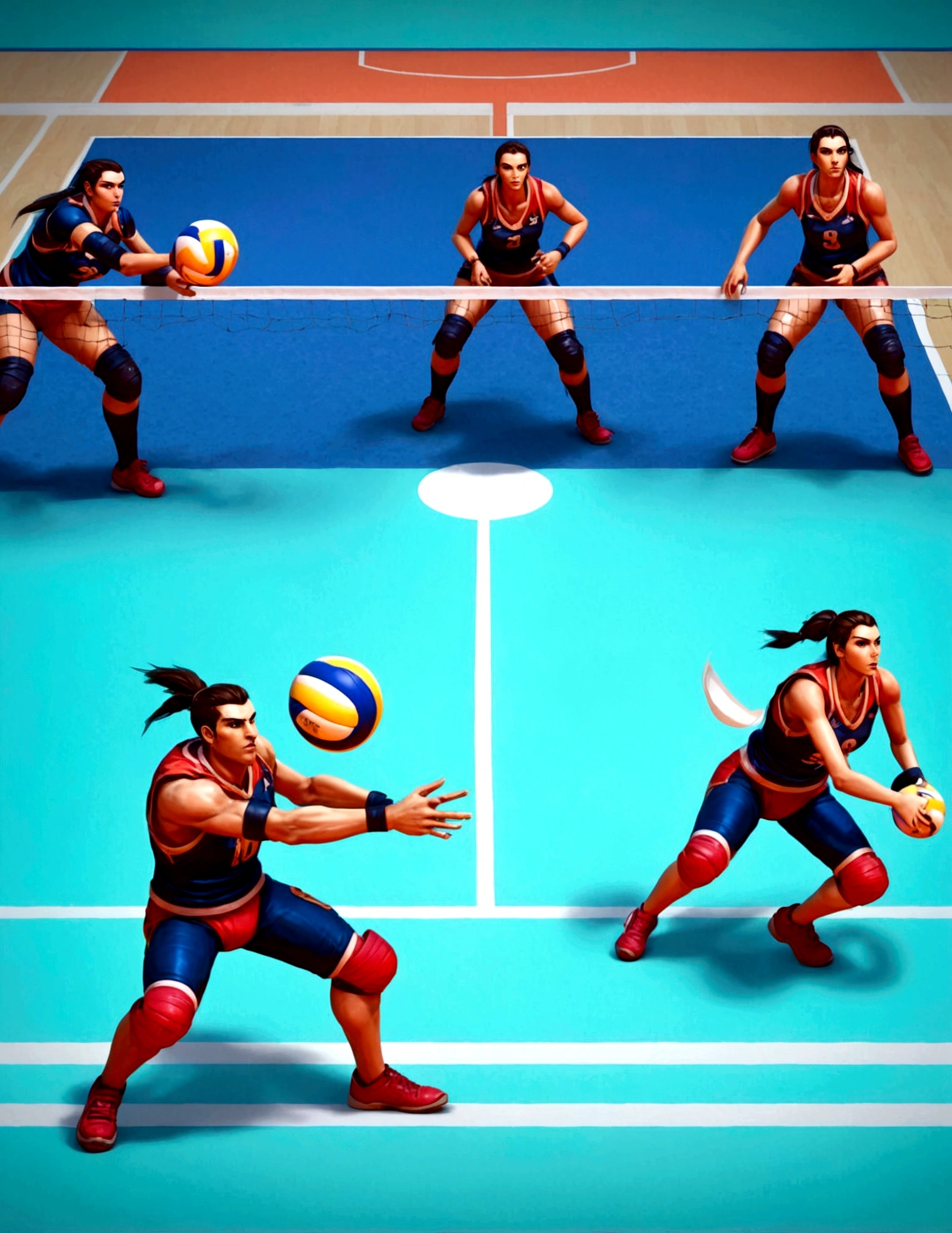 Side scrolling video game, teams of heavily armed sci fi warrior are plying volleyball, the character with the volleyball is represented by a bazooka. the action is outlandish and brutal