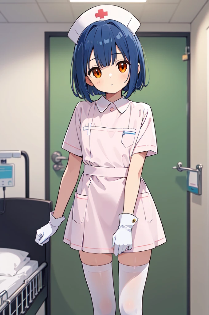 1boy, solo, male focus, nurse, white nurse cap, white nurse uniform, ((white legwear, zettai ryouiki)), white gloves, bobcut, blue hair, orange eyes, no impression, standing, ((hospital room)), sharp outline, short sleeves, shota, , best quality, masterpiece