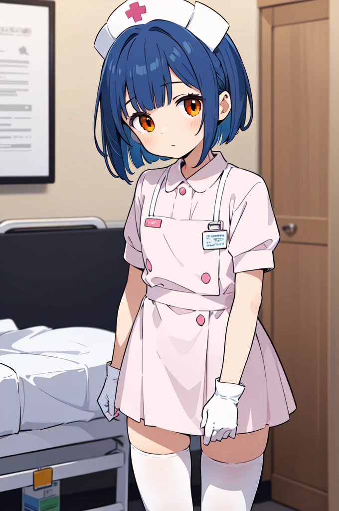 1boy, solo, male focus, nurse, white nurse cap, white nurse uniform, ((white legwear, zettai ryouiki)), white gloves, bobcut, blue hair, orange eyes, no impression, standing, ((hospital room)), sharp outline, short sleeves, shota, , best quality, masterpiece