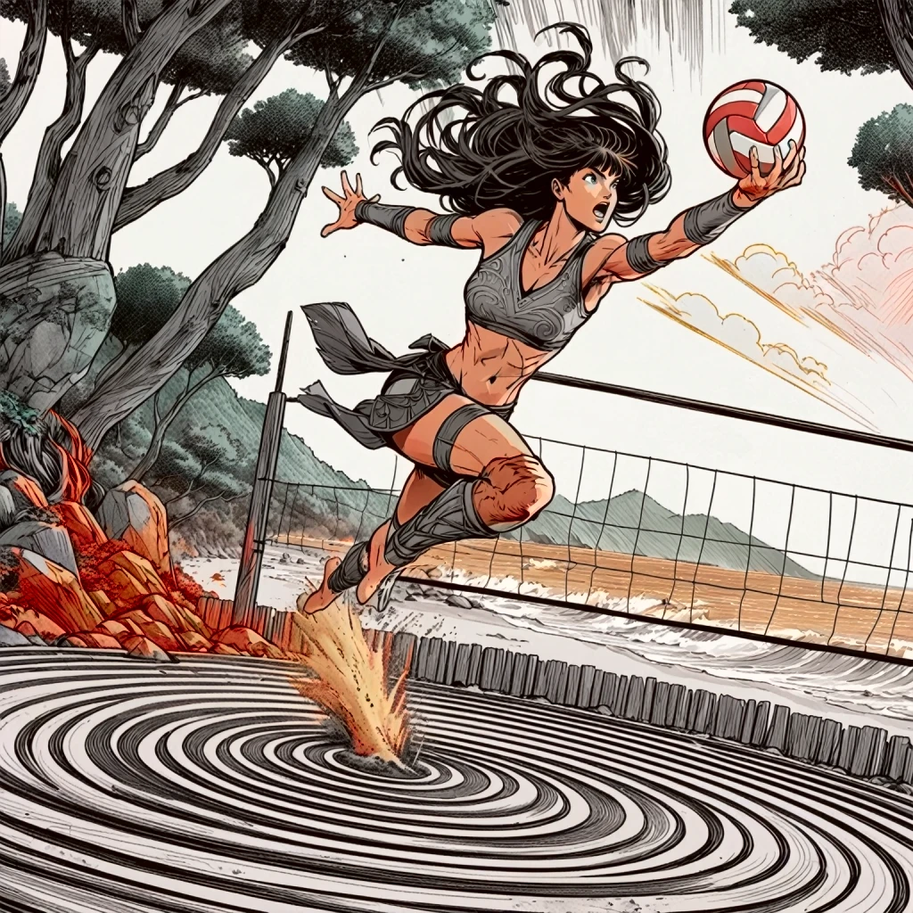 thermal iridescence effect, negative coloring, greyscale with flourishes of fiery rich color grading, inverse, neon, glowing, Xena Warrior princess, sports action shot, cinematic, spiking volleyball, sense of movement and energy leaping moment, zen garden volleyball arena surrounded by dense forest, beach coastline background, expressive color ink style joelle jones sketch