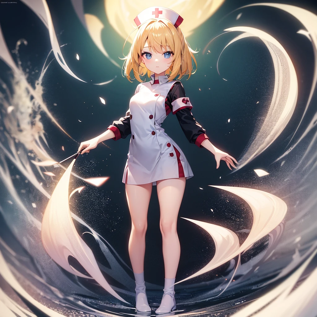 ((nurse)),White clothes,Cute little ,Tiny ,Small girl,,Childish face, Very fine clean face,Top quality,Straight Hair,Yellow hair,(Dark Room), Subtle light, Natural light,Soft lighting,Light from directly behind,(Open your hands), (Are standing),Front view,Black background
