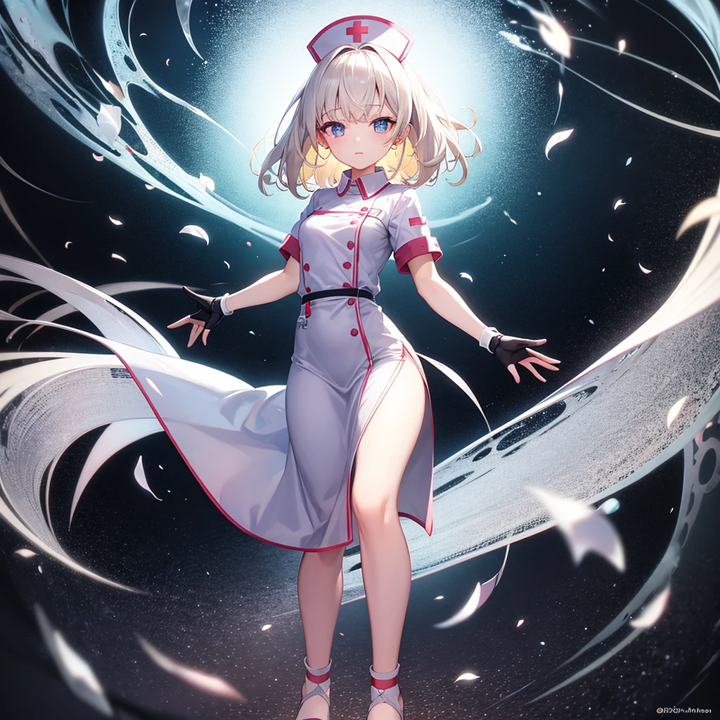 ((nurse)),White clothes,Cute little ,Tiny ,Small girl,,Childish face, Very fine clean face,Top quality,Straight Hair,Yellow hair,(Dark Room), Subtle light, Natural light,Soft lighting,Light from directly behind,(Open your hands), (Are standing),Front view,Black background