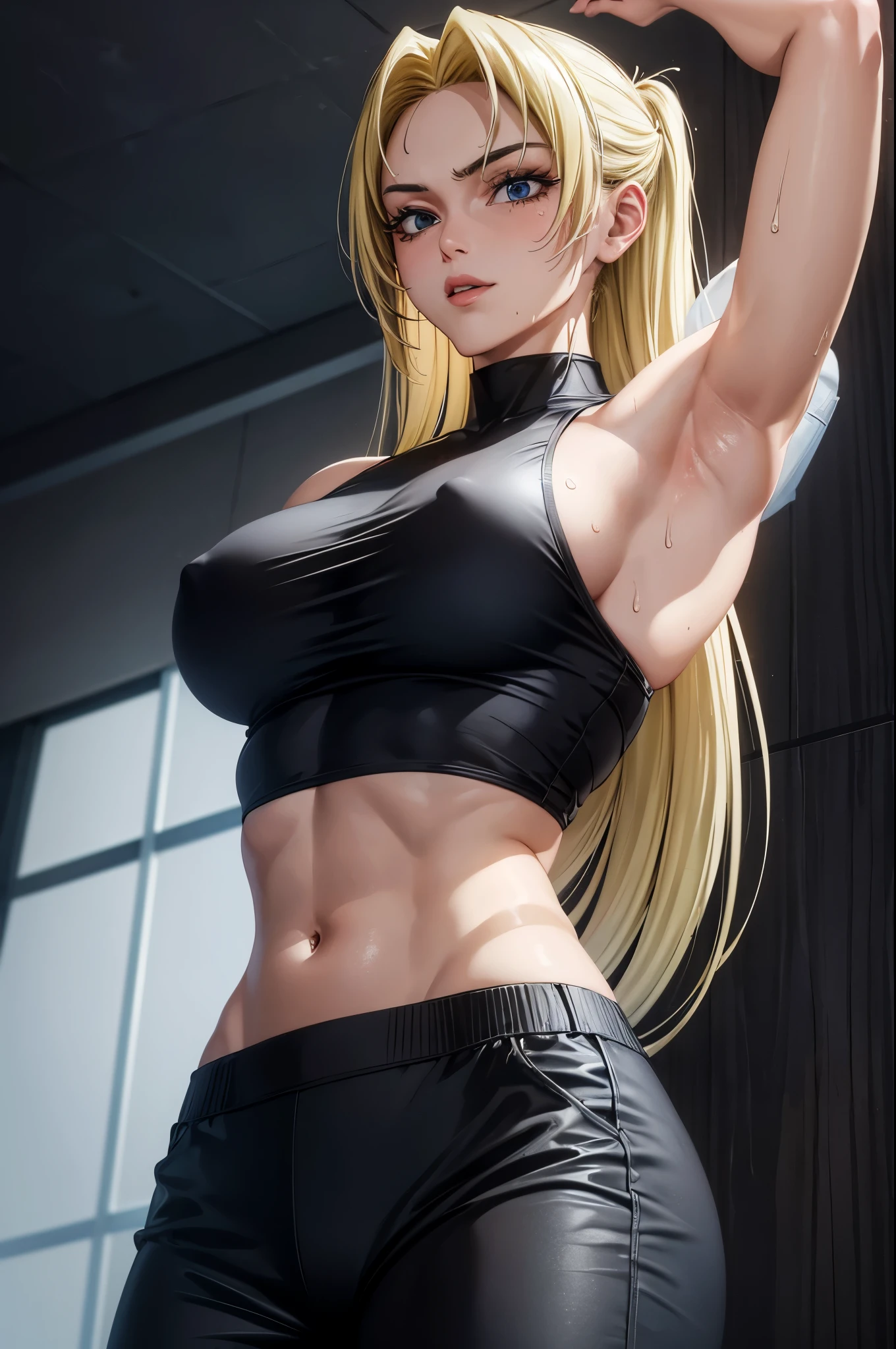 8k high resolution, ultra high quality, detailed face, detailed body, perfect body ,1 girl, blonde long hair, black sleeveless shirt, sixpack, arms up, armpit, sweating, sweaty armpits